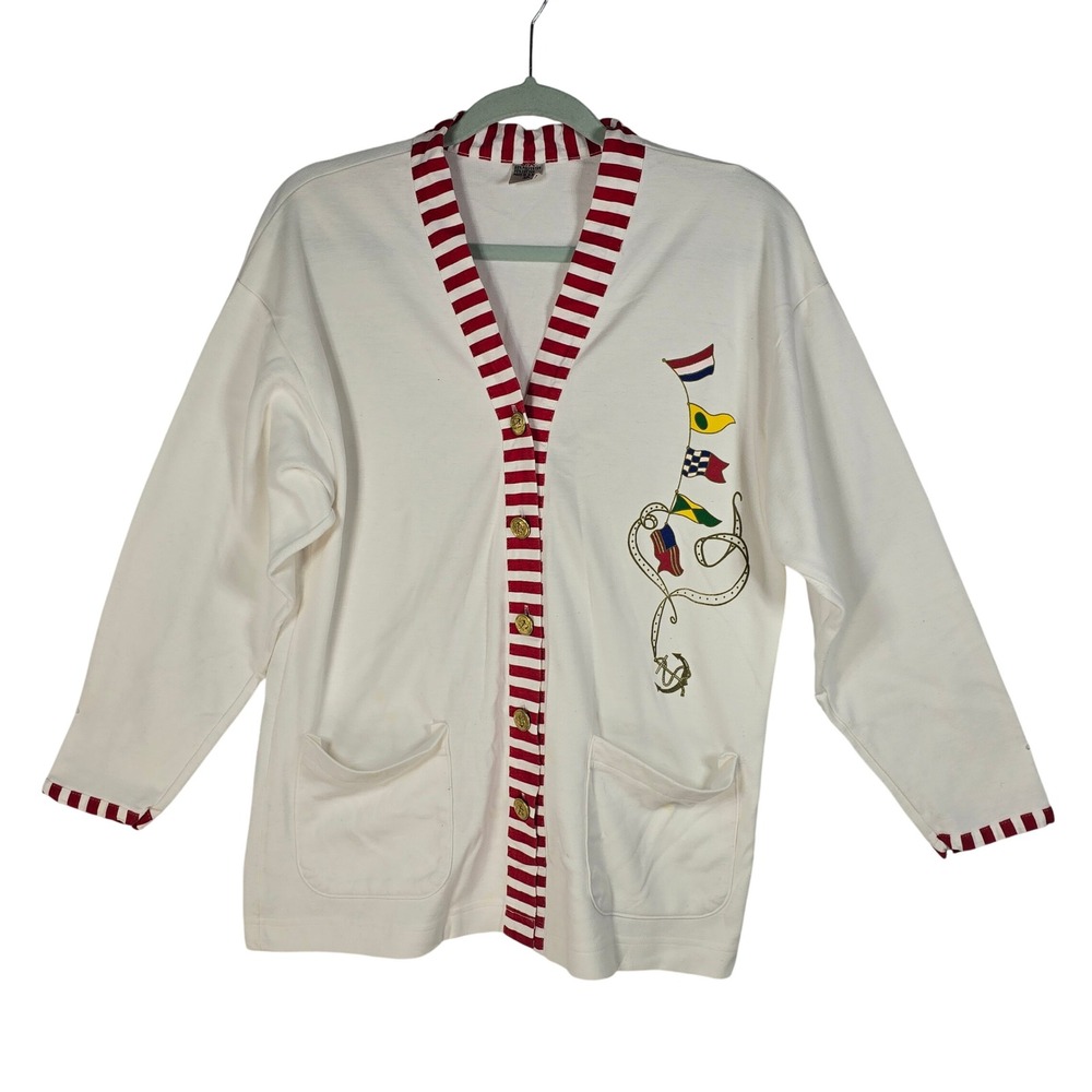 Vintage S.K. Nautical Signal Flag Cardigan Sweater White Red Striped Trim Medium